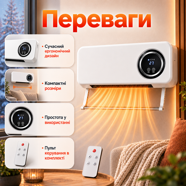 Настенный тепловентилятор Domotec MS-5963 2000 Вт до 20 м² с пультом LED-дисплеем Керамический обогреватель с термостатом - изображение 3