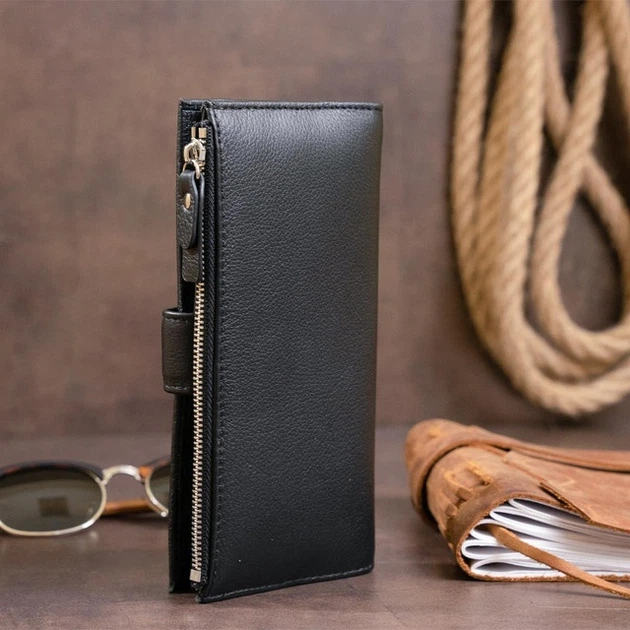 Жіночий гаманець ST Leather з натуральної шкіри чорний вертикальний для карт на хлястику з кнопкою 19х9х1 7 см 56542 - Фото 8 Жіночий гаманець ST Leather з натуральної шкіри чорний вертикальний для карт на хлястику з кнопкою 19х9х1 7 см 56542 - зображення 8