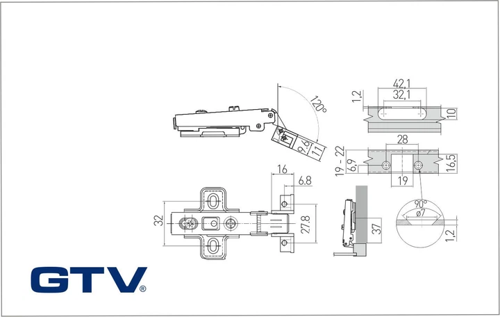Петля GTV быстросъемная для узкого алюминиевого профиля накладная без доводчика, с монтажной планкой h=2 - изображение 2