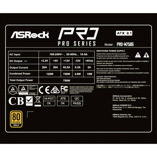 ASROCK Блок живлення 750w, 80 Pluse gold, PCIe 5.1 & atx3 .1 Ready, Fully Modular, Cybenetics gold, lambda a pro-m750g - зображення 9