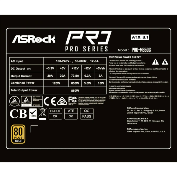 ASROCK Блок живлення 850w, 80 Pluse gold, PCIe 5.1 & atx3 .1 Ready, Fully Modular, Cybenetics gold, lambda a pro-m850g - зображення 9