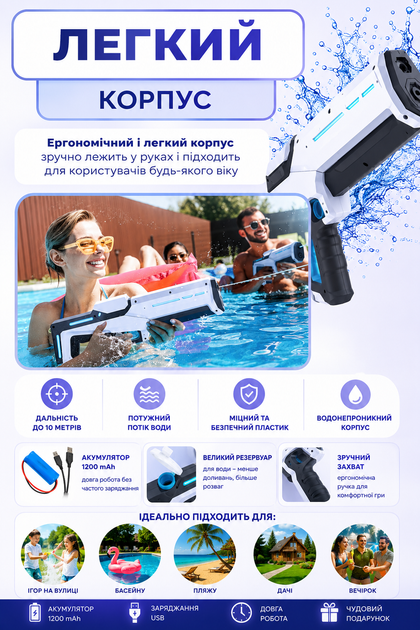 Водяний бластер акумуляторний з автоматичною підкачкою води 1200 мА·год Електричний водний пістолет, дальність до 10 м - Фото 6 Водяний бластер акумуляторний з автоматичною підкачкою води 1200 мА·год Електричний водний пістолет, дальність до 10 м - зображення 6