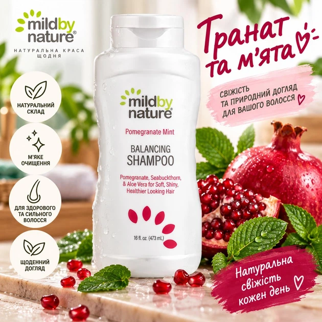 Шампунь балансирующий Mild By Nature с гранатом и мятой 473 мл - Фото 1 Шампунь балансирующий Mild By Nature с гранатом и мятой 473 мл - изображение 1