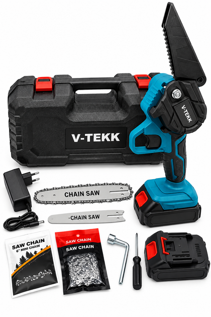 Аккумуляторная пила цепная электрическая Chain SAW 2 шины 4+6 дюйма, мини пила для обрезки деревьев и распила дров 2 АКБ синй - изображение 2