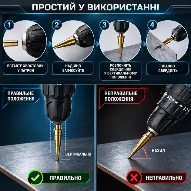 Набор конусообразных ступенчатых сверл HT410 5 шт в металлическом кейсе - Фото 8 Набор конусообразных ступенчатых сверл HT410 5 шт в металлическом кейсе - изображение 8