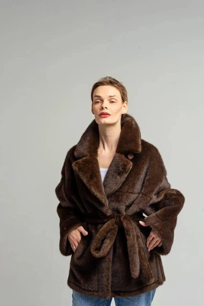 Зимняя женская двусторонняя дубленка-шуба UF-Fashion N88V 40 шоколадный - изображение 2