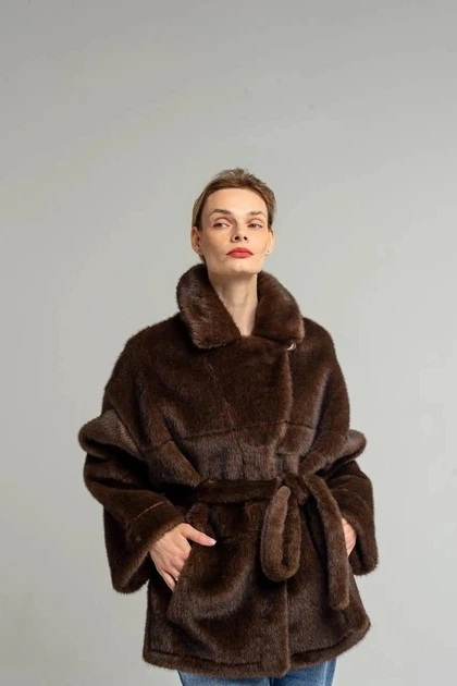 Зимняя женская двусторонняя дубленка-шуба UF-Fashion N88V 40 шоколадный - изображение 4