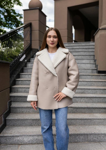 Женская зимняя дубленка двусторонняя UF-Fashion Д-370 42 светло-бежевый - изображение 6