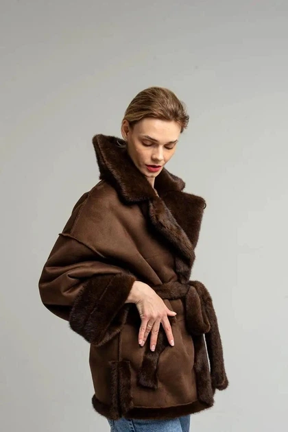 Зимняя женская двусторонняя дубленка-шуба UF-Fashion N88V 40 шоколадный - изображение 8