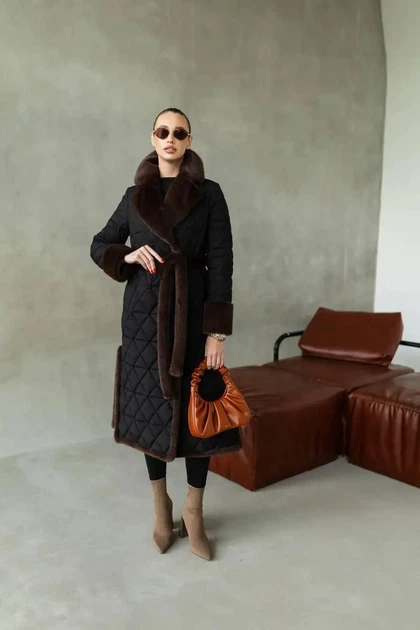 Жіноче зимове довге пальто UF-Fashion N162V 46 чорний+шоколад - Фото 1 Жіноче зимове довге пальто UF-Fashion N162V 46 чорний+шоколад - зображення 1
