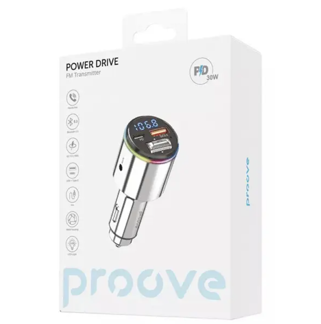 FM-модулятор Proove Power Drive QC3.0 + PD 30W Bluetooth 5.3 Type-C USB AUX Hands Free, срібний - изображение 4
