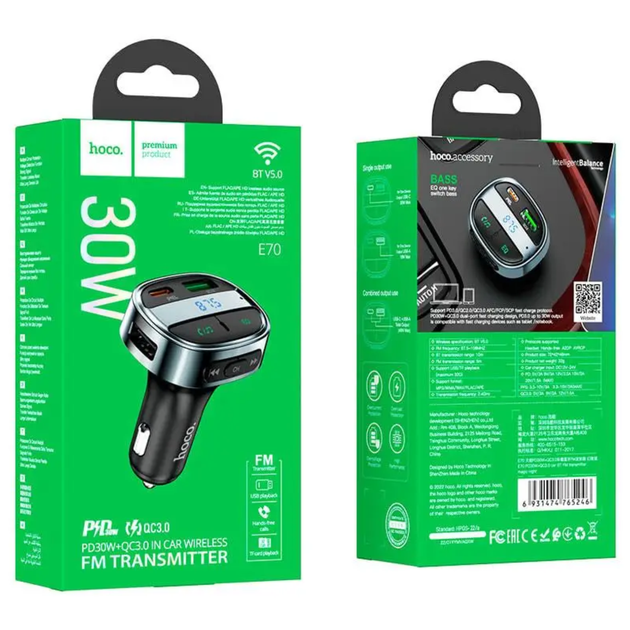 FM-трансмиттер HOCO E70 Bluetooth 5.0 PD 30W QC3.0 Hands Free USB Type-C, черный - изображение 5