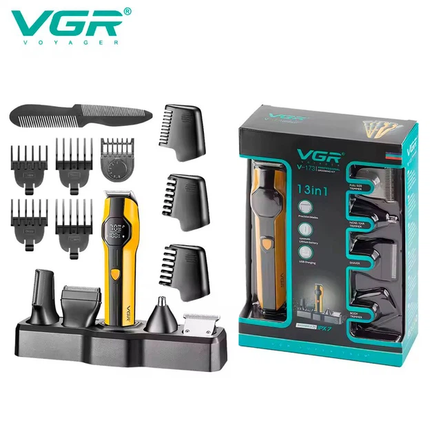 Машинка для стрижки волос и бороды VGR V-173 13 в 1, аккумуляторный триммер мужской, 13 насадок, LED дисплей, Yellow - изображение 6