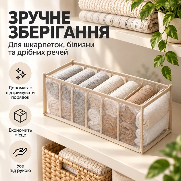 Органайзер для белья и носков 32×12×12 см, 7 ячеек, складной, сетчатый Бежевый - изображение 5