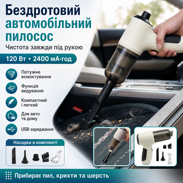 Автомобільний пилосос бездротовий 120 Вт 2400 мА·год Білий - зображення 2