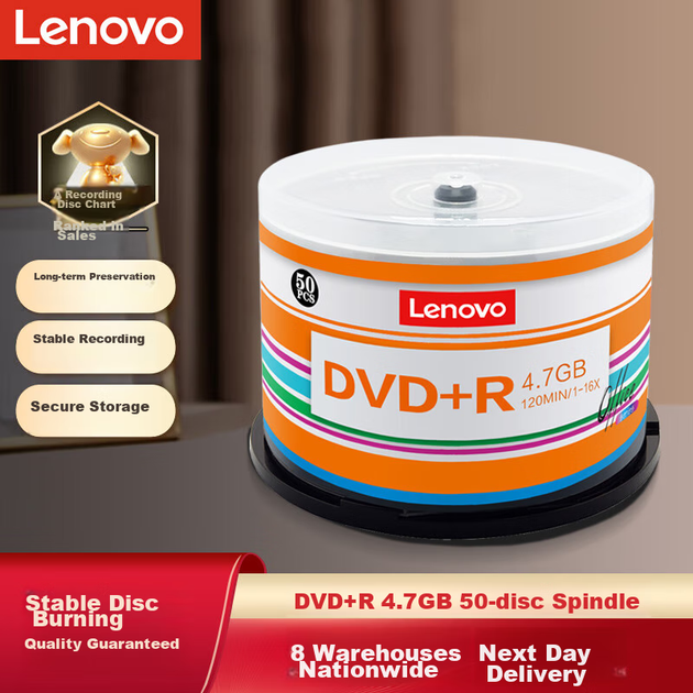 Диски DVD+R Lenovo, скорость 16x, 4,7 ГБ, серия Office, 50 штук в упаковке, чистые оптические диски. - изображение 4