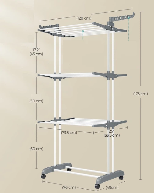 SONGMICS ULLR701W01V2 Сушарка для одягу, 4-рівнева, складна, 173 см, сталь, хмарно-білий та голубино-сірий - зображення 2
