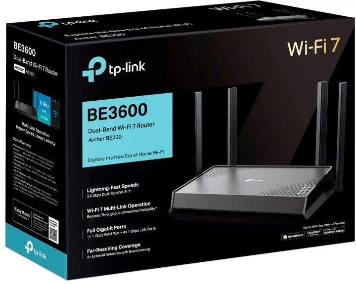 Маршрутизатор TP-Link Archer BE220 Wi-Fi 7 до 3570 Мбит/с 4x Gigabit LAN, 1x Gigabit WAN Черный (ARCHER BE220) - Фото 4 Маршрутизатор TP-Link Archer BE220 Wi-Fi 7 до 3570 Мбит/с 4x Gigabit LAN, 1x Gigabit WAN Черный (ARCHER BE220) - изображение 4