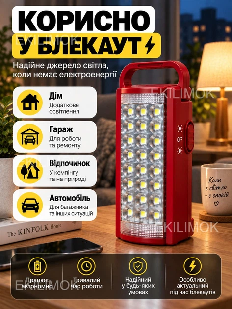 Аккумуляторный портативный LED фонарик переносной фонарь лампа для аварийного освещения во время блекаута и отключения электроэнергии, для дома, кемпинга, туризма, с PowerBank и USB портом, 24 светодиода, два режима работы до 80 часов - изображение 8