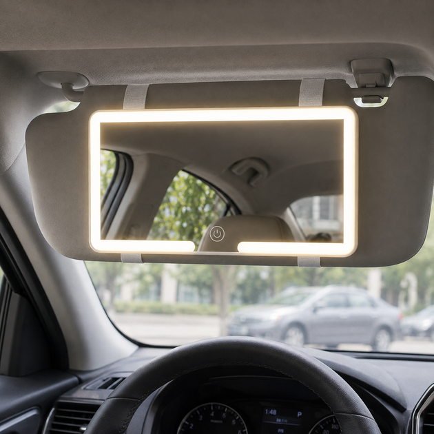 Зеркало с LED подсветкой на козырек автомобиля HB-5 прямоугольное, аккумуляторное автозеркало для макияжа - изображение 2