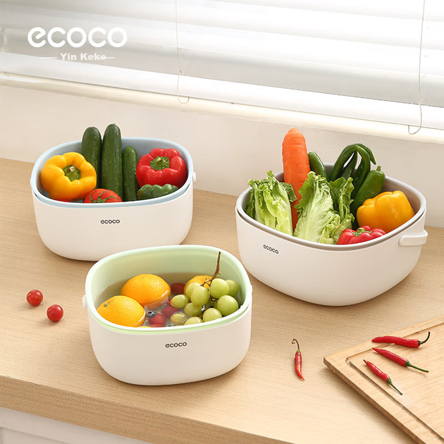 Корзина для сушки Ecoco, корзина для мытья овощей, двухслойная корзина для фруктов, кухонная корзина-сито, утолщенная, размер E2025, маленькая. - изображение 4
