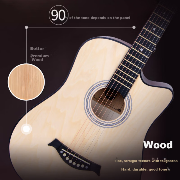 Акустическая гитара Maner Musical Instruments 38 дюймов, для начинающих, в стиле фолк, вестерн, струнный инструмент с полным набором аксессуаров, цвет натурального дерева. - изображение 6