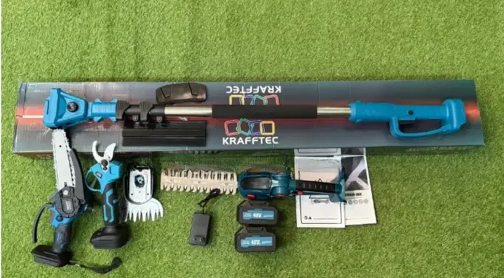 Садовый набор 4в1 Krafftec Germany 48 В 8 А·ч аккумуляторный секатор DUP570 38 мм мини пила DUC170Z 15 см цепная высоторез штанга 2.7 м кусторез 2в1 ножницы для травы 200 мм бесщеточный для обрезки деревьев веток кустов живой изгороди газона с 2 АКБ - изображение 4