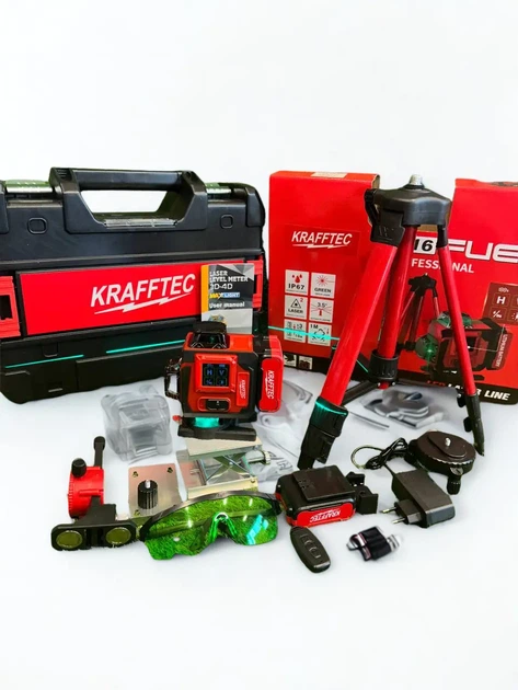 Лазерный уровень Krafftec Germany BL-16 4D 16 линий 4×360° зеленый луч самовыравнивающийся точность 0,1 мм/м аккумулятор 5000 мА·ч для стен пола потолка и плитки со штативом 1,2 м и микролифтом - изображение 3