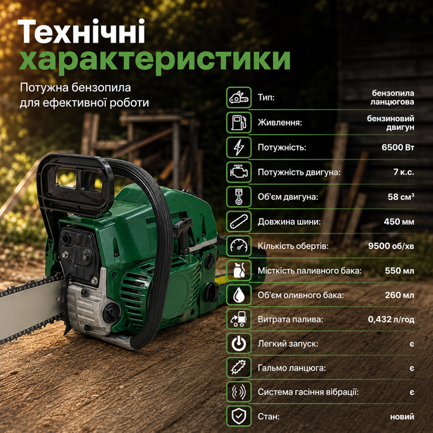Бензопила Krafftec 6500 Вт 58 см³ цепная с шиной 450 мм и легким запуском - изображение 5