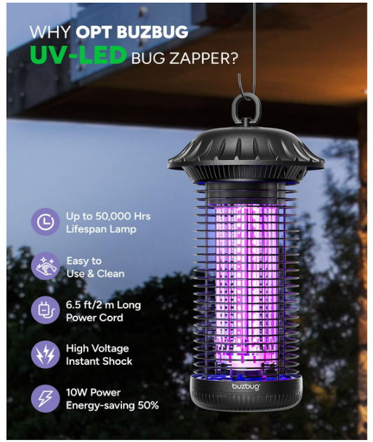 Лампа-уничтожитель насекомых Buzbug MO008C LED, электрическая ловушка для комаров и мух, 2-диапазонное включение, ресурс до 50 000 - изображение 5