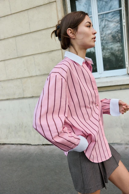 Поплінова сорочка у смужку оверсайз Zara 3564/080 XL Рожева (03564080046XL) - Фото 7 Поплінова сорочка у смужку оверсайз Zara 3564/080 XL Рожева (03564080046XL) - изображение 7