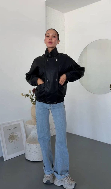 Жіноча демісезонна куртка з екошкіри на блискавці з високим коміром та вітрозахисною планкою ELFBERG IN-8906 44 Чорний (2000001013793) - зображення 5
