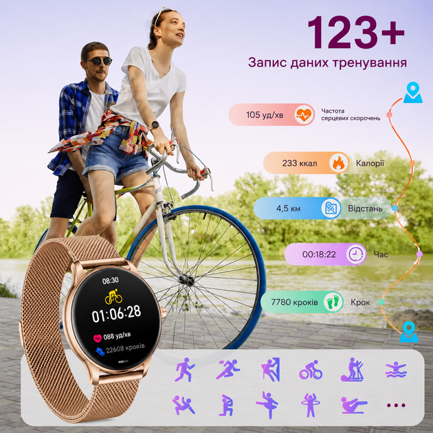 Ультратонкий жіночий Smart Watch AMOLED, 7,6 мм, 100+ спортрежимів, IP68, моніторинг показників здоров’я, 2 ремінці - зображення 5