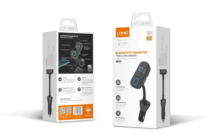 FM-трансмиттер Ldnio Bluetooth 2 USB + Type-C, AUX 43 Вт QC4.0/PD Черный (C705Q) - изображение 8