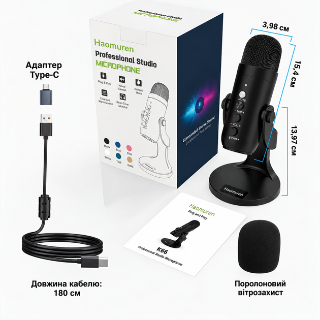Студийный USB-микрофон для компьютера и телефона, игровой микрофон с шумоподавлением для стриминга, подкастов и вокала - изображение 8