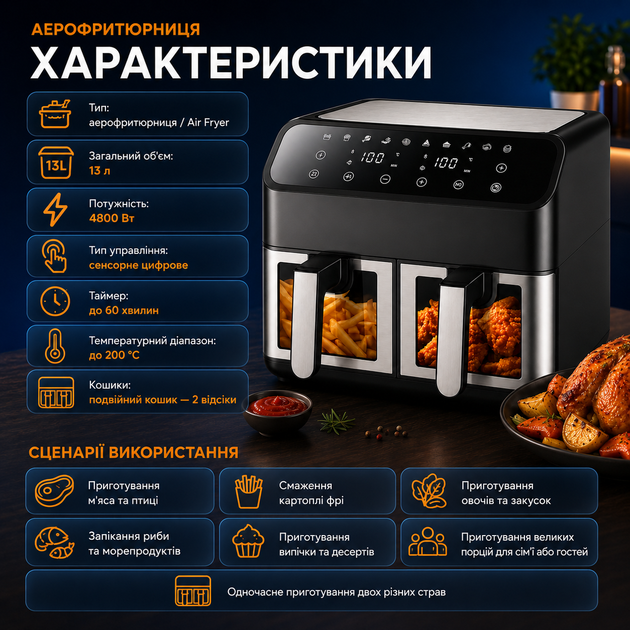 Аэрофритюрница Domotec MS-3226 4800 Вт 13 л с двумя отсеками сенсорным дисплеем Air Fryer Мультипечь без масла Двойной аэрогриль для семьи - Фото 4 Аэрофритюрница Domotec MS-3226 4800 Вт 13 л с двумя отсеками сенсорным дисплеем Air Fryer Мультипечь без масла Двойной аэрогриль для семьи - изображение 4