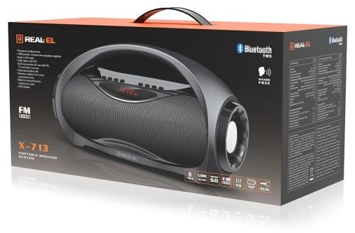 Колонка портативна 2.0 REAL-EL X-713 Black, 2x6 Вт, пластиковий корпус, Bluetooth, MicroSD / USB, FM-приймач, живлення від акумулятора, 1800 мА*ч, керування сверху - Фото 5 Колонка портативна 2.0 REAL-EL X-713 Black, 2x6 Вт, пластиковий корпус, Bluetooth, MicroSD / USB, FM-приймач, живлення від акумулятора, 1800 мА*ч, керування сверху - изображение 5