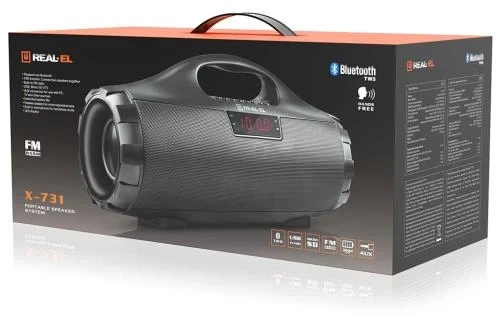 Колонка портативна 2.0 REAL-EL X-731 Black, 2 x 9 Вт пластиковий корпус, Bluetooth, MicroSD/USB рідер, FM-приймач, живлення від акумулятора, 3600мА*год, керування зверху - Фото 6 Колонка портативна 2.0 REAL-EL X-731 Black, 2 x 9 Вт пластиковий корпус, Bluetooth, MicroSD/USB рідер, FM-приймач, живлення від акумулятора, 3600мА*год, керування зверху - изображение 6