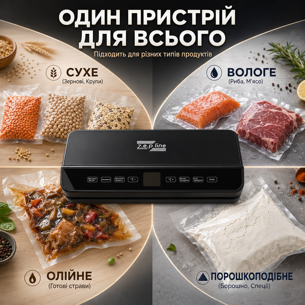 Вакуумний пакувальник Zepline ZP-00373 200 Вт вакууматор для продуктів із сенсорним керуванням різаком та відсіком для рулону запаювач пакетів для сухих вологих сипких продуктів герметичне пакування з LED підсвіткою - изображение 7