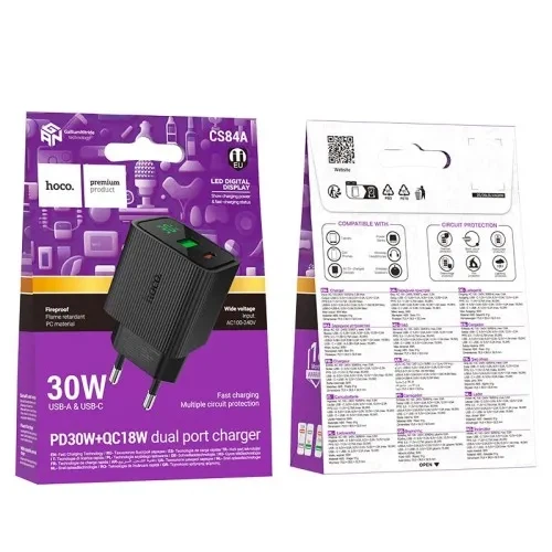 МЗП HOCO CS84A Excellent PD30W+QC3.0 charger with digital display(EU) black - Фото 2 МЗП HOCO CS84A Excellent PD30W+QC3.0 charger with digital display(EU) black - зображення 2
