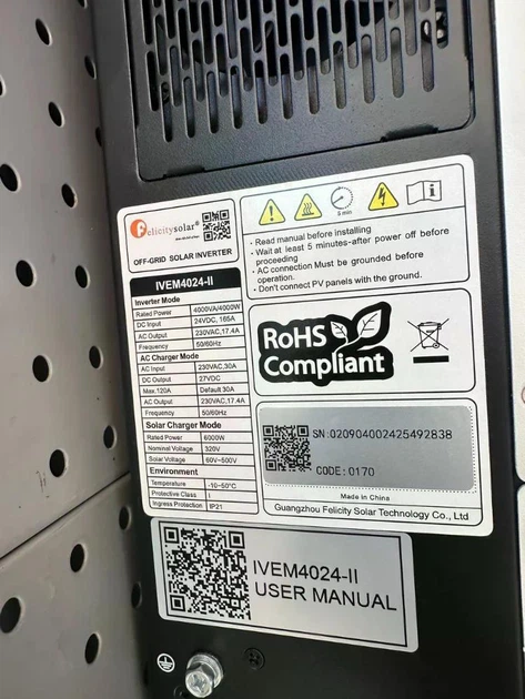 Гибридный инвертор Felicity IVEM4024-II 4000 Вт для АКБ 24 В с MPPT 6000 Вт 60–500 В, зарядка до 120 А и выход 230 В - изображение 11