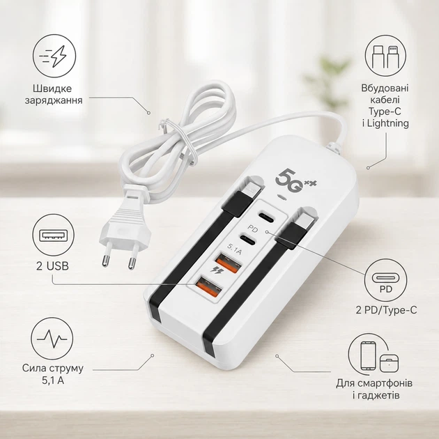 Быстрое зарядное устройство 66 Вт, 2 USB-порта и 2 PD-порта, 2 Type-C и два кабеля, Компактная, многофункциональная, мощная зарядная станция - изображение 7