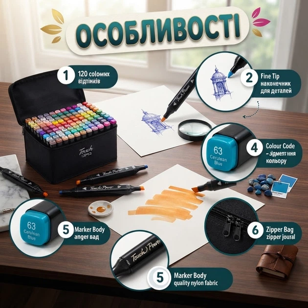 Скетч-маркеры Touch 120 цветов набор художественных спиртовых фломастеров двусторонних для рисования иллюстраций скетчинга дизайна с наконечниками 1–7 мм для каллиграфии бумаги пластика стекла пленки - Фото 6 Скетч-маркеры Touch 120 цветов набор художественных спиртовых фломастеров двусторонних для рисования иллюстраций скетчинга дизайна с наконечниками 1–7 мм для каллиграфии бумаги пластика стекла пленки - изображение 6
