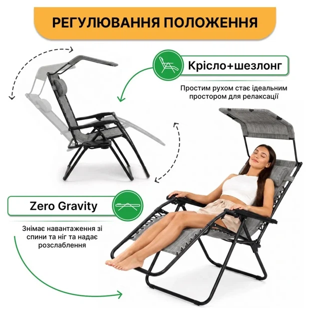 Розкладне крісло шезлонг із козирком LEOBRO Zero Gravity Dark Grey (LB-ZGC-H1-DGR) (LEO_LB-ZGC-H1-DGR) - Фото 6 Розкладне крісло шезлонг із козирком LEOBRO Zero Gravity Dark Grey (LB-ZGC-H1-DGR) (LEO_LB-ZGC-H1-DGR) - изображение 6