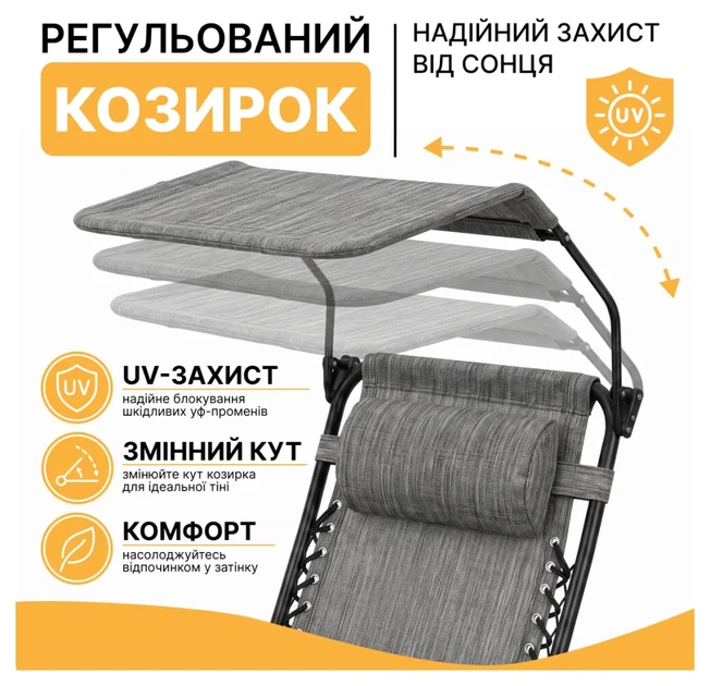 Розкладне крісло шезлонг із козирком LEOBRO Zero Gravity Dark Grey (LB-ZGC-H1-DGR) (LEO_LB-ZGC-H1-DGR) - Фото 11 Розкладне крісло шезлонг із козирком LEOBRO Zero Gravity Dark Grey (LB-ZGC-H1-DGR) (LEO_LB-ZGC-H1-DGR) - изображение 11