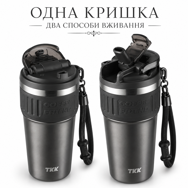 Термокружка TerraFlow Coffee 630 мл темно-серая с ремешком и двойным способом питья - изображение 5