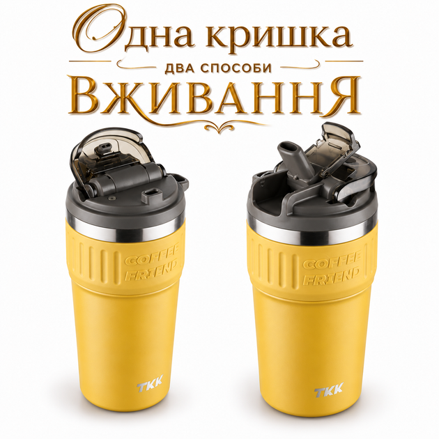 Термокружка TerraFlow Coffee 630 мл жовта з ремінцем та подвійним способом пиття - Фото 4 Термокружка TerraFlow Coffee 630 мл жовта з ремінцем та подвійним способом пиття - зображення 4