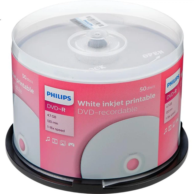Чистые DVD-R диски PHILIPS / Диски с возможностью печати на поверхности / Записываемые диски, скорость 16x, 4,7 ГБ, 50 штук в упаковке - изображение 3