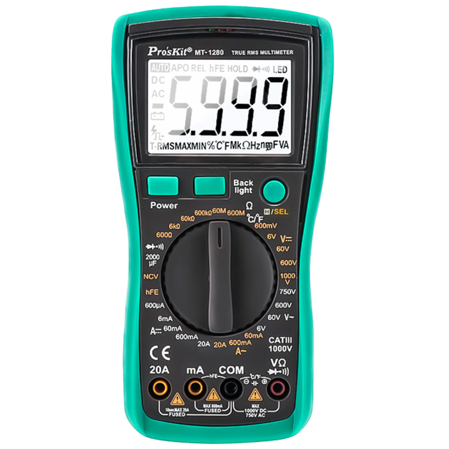 Цифровий мультиметр Pro'sKit MT-1280, дисплей True RMS, універсальний вимірювач, захищений від опіків, вимірювач ємності, 3 5/6 дюйма - изображение 4