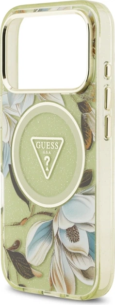 Etui plecki Guess IML Glitter Flowers Triangle MagSafe do Apple iPhone 17 Pro / 18 Pro Green (GUHMP18LHFLPEDN) - obraz 6